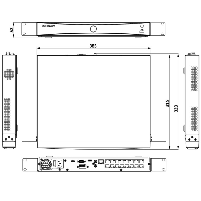 Rysunek techniczny rejestratora PoE 16 kanałowego IP Hikvision DS-7616NXI-K2/16P(D)